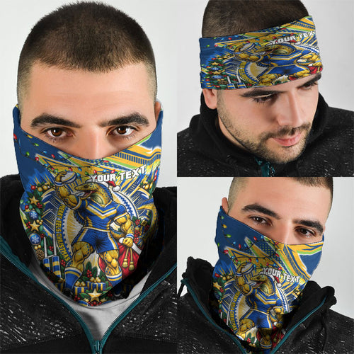 Personalized Parramatta Eels Rugby Christmas Neck Gaiter Holiday Mascot Graphic Art Festive Lights Bow