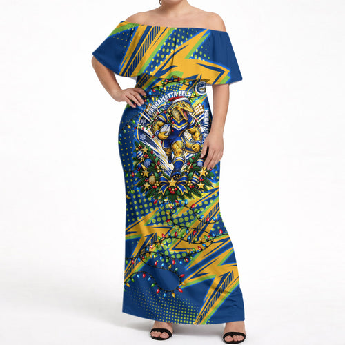 Personalized Parramatta Eels Rugby Christmas Off Shoulder Maxi Dress Holiday Mascot Graphic Art Festive Lights Bow