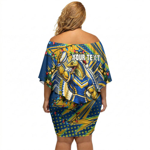 Personalized Parramatta Eels Rugby Christmas Off Shoulder Short Dress Holiday Mascot Graphic Art Festive Lights Bow
