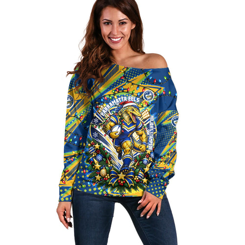 Personalized Parramatta Eels Rugby Christmas Off Shoulder Sweater Holiday Mascot Graphic Art Festive Lights Bow