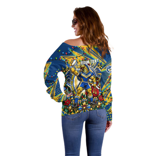 Personalized Parramatta Eels Rugby Christmas Off Shoulder Sweater Holiday Mascot Graphic Art Festive Lights Bow