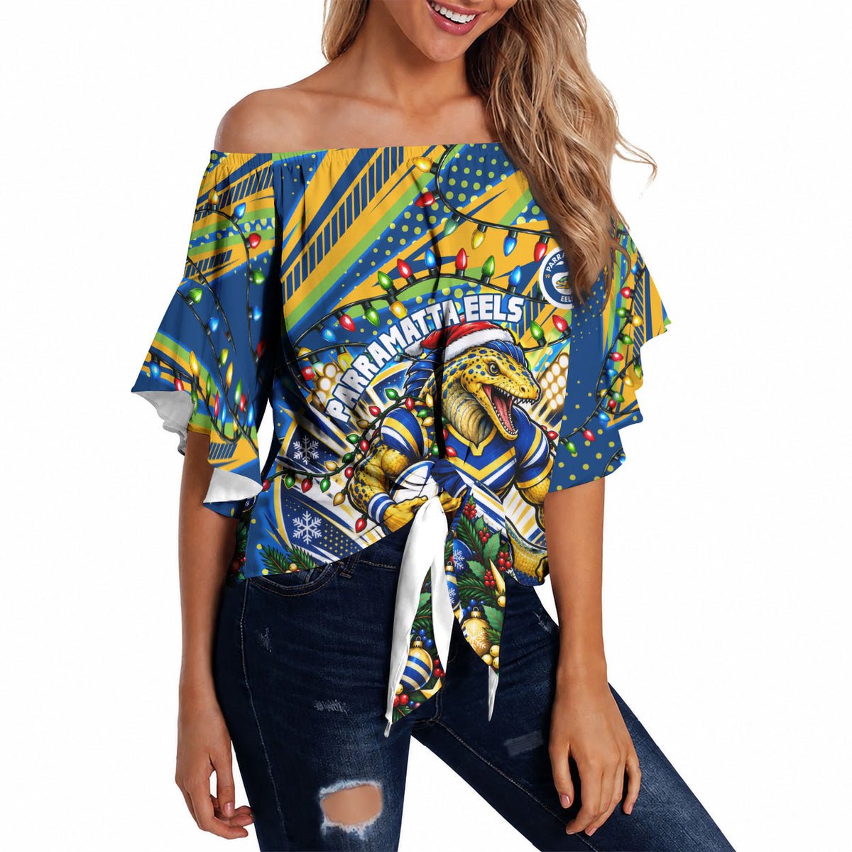 Personalized Parramatta Eels Rugby Christmas Off Shoulder Wrap Waist Top Holiday Mascot Graphic Art Festive Lights Bow