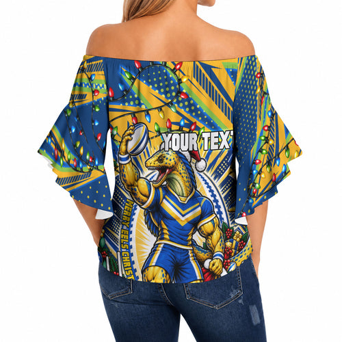Personalized Parramatta Eels Rugby Christmas Off Shoulder Wrap Waist Top Holiday Mascot Graphic Art Festive Lights Bow