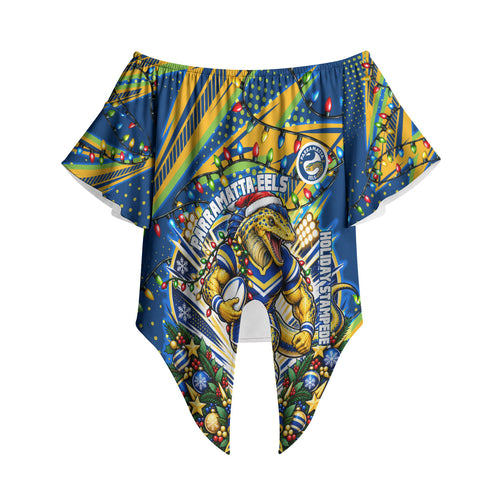 Personalized Parramatta Eels Rugby Christmas Off Shoulder Wrap Waist Top Holiday Mascot Graphic Art Festive Lights Bow