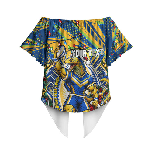 Personalized Parramatta Eels Rugby Christmas Off Shoulder Wrap Waist Top Holiday Mascot Graphic Art Festive Lights Bow