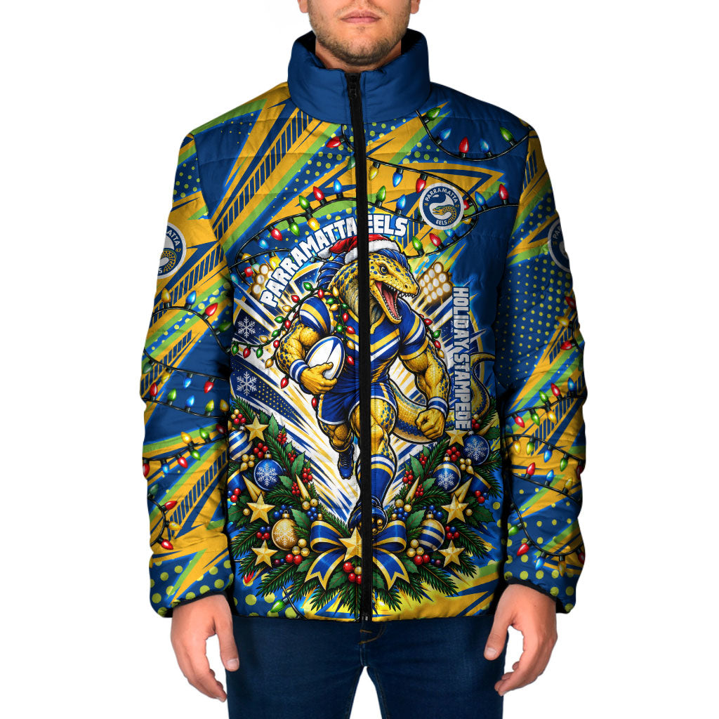 Personalized Parramatta Eels Rugby Christmas Padded Jacket Holiday Mascot Graphic Art Festive Lights Bow