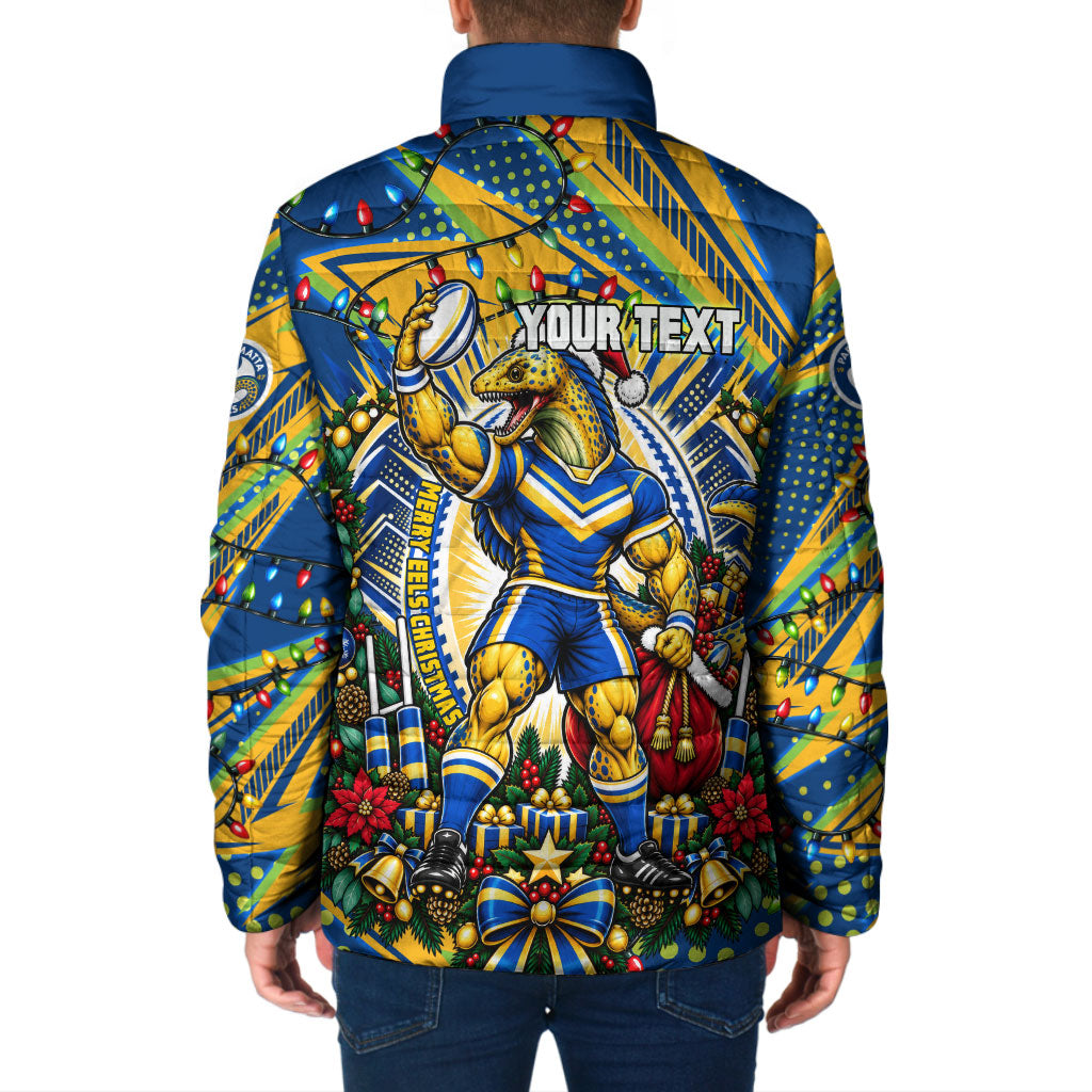 Personalized Parramatta Eels Rugby Christmas Padded Jacket Holiday Mascot Graphic Art Festive Lights Bow