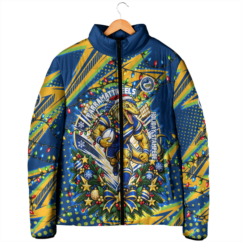 Personalized Parramatta Eels Rugby Christmas Padded Jacket Holiday Mascot Graphic Art Festive Lights Bow