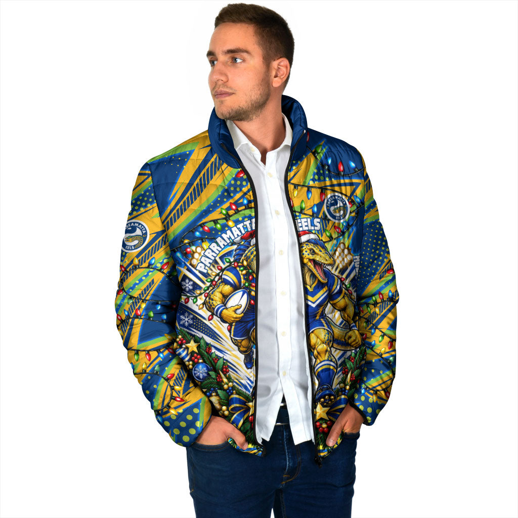 Personalized Parramatta Eels Rugby Christmas Padded Jacket Holiday Mascot Graphic Art Festive Lights Bow