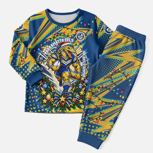 Personalized Parramatta Eels Rugby Christmas Pajama Set Holiday Mascot Graphic Art Festive Lights Bow