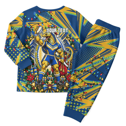 Personalized Parramatta Eels Rugby Christmas Pajama Set Holiday Mascot Graphic Art Festive Lights Bow