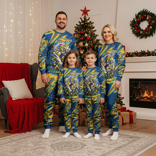 Personalized Parramatta Eels Rugby Christmas Pajama Set Holiday Mascot Graphic Art Festive Lights Bow