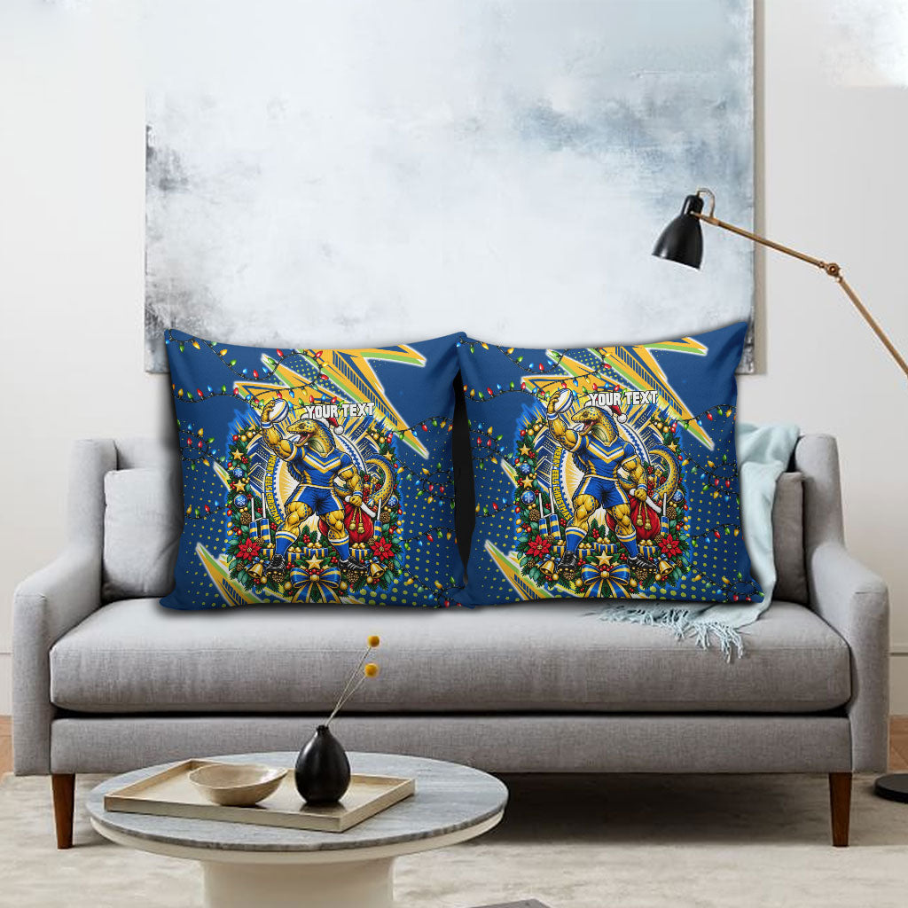 Personalized Parramatta Eels Rugby Christmas Pillow Cover Holiday Mascot Graphic Art Festive Lights Bow