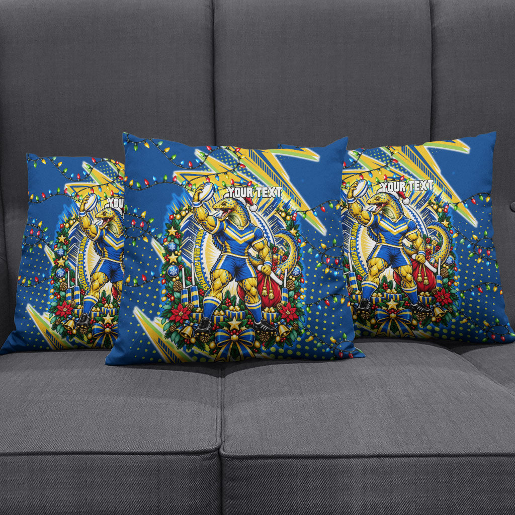 Personalized Parramatta Eels Rugby Christmas Pillow Cover Holiday Mascot Graphic Art Festive Lights Bow