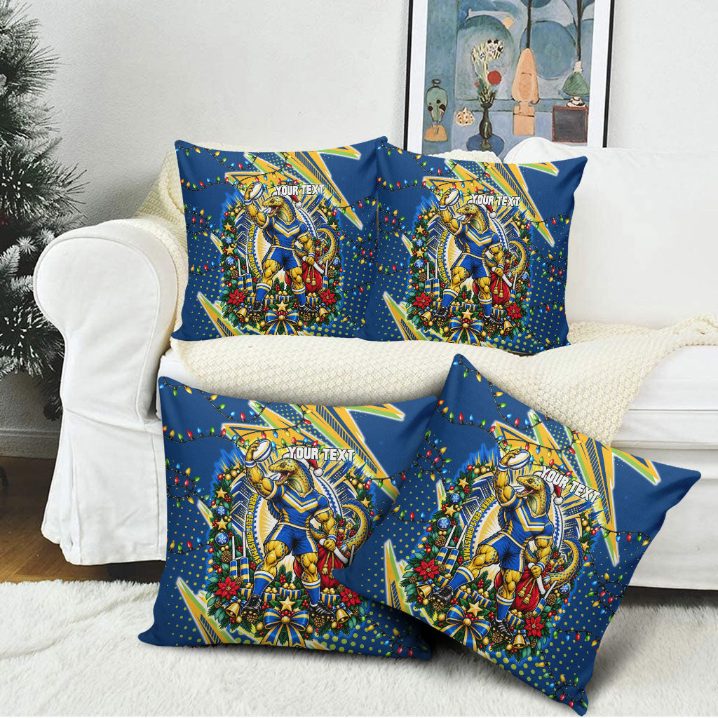 Personalized Parramatta Eels Rugby Christmas Pillow Cover Holiday Mascot Graphic Art Festive Lights Bow