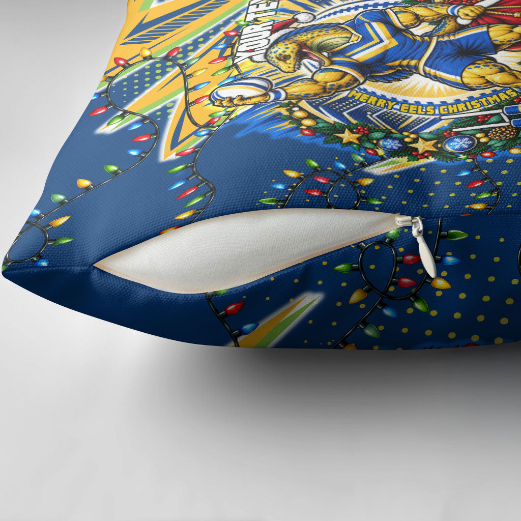 Personalized Parramatta Eels Rugby Christmas Pillow Cover Holiday Mascot Graphic Art Festive Lights Bow