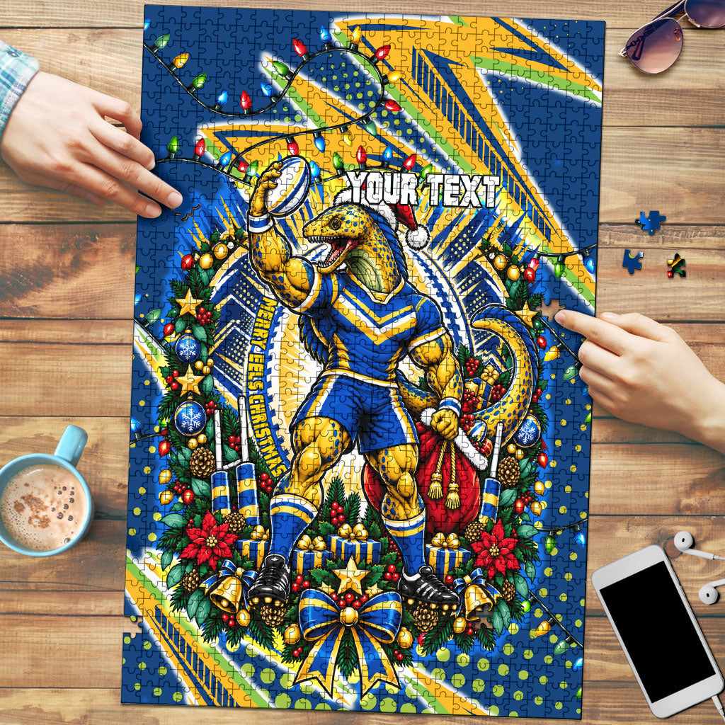 Personalized Parramatta Eels Rugby Christmas Puzzle Holiday Mascot Graphic Art Festive Lights Bow
