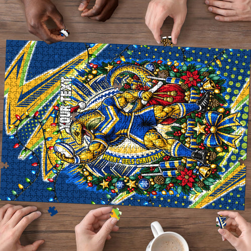 Personalized Parramatta Eels Rugby Christmas Puzzle Holiday Mascot Graphic Art Festive Lights Bow