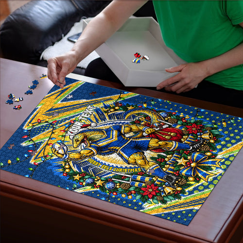 Personalized Parramatta Eels Rugby Christmas Puzzle Holiday Mascot Graphic Art Festive Lights Bow