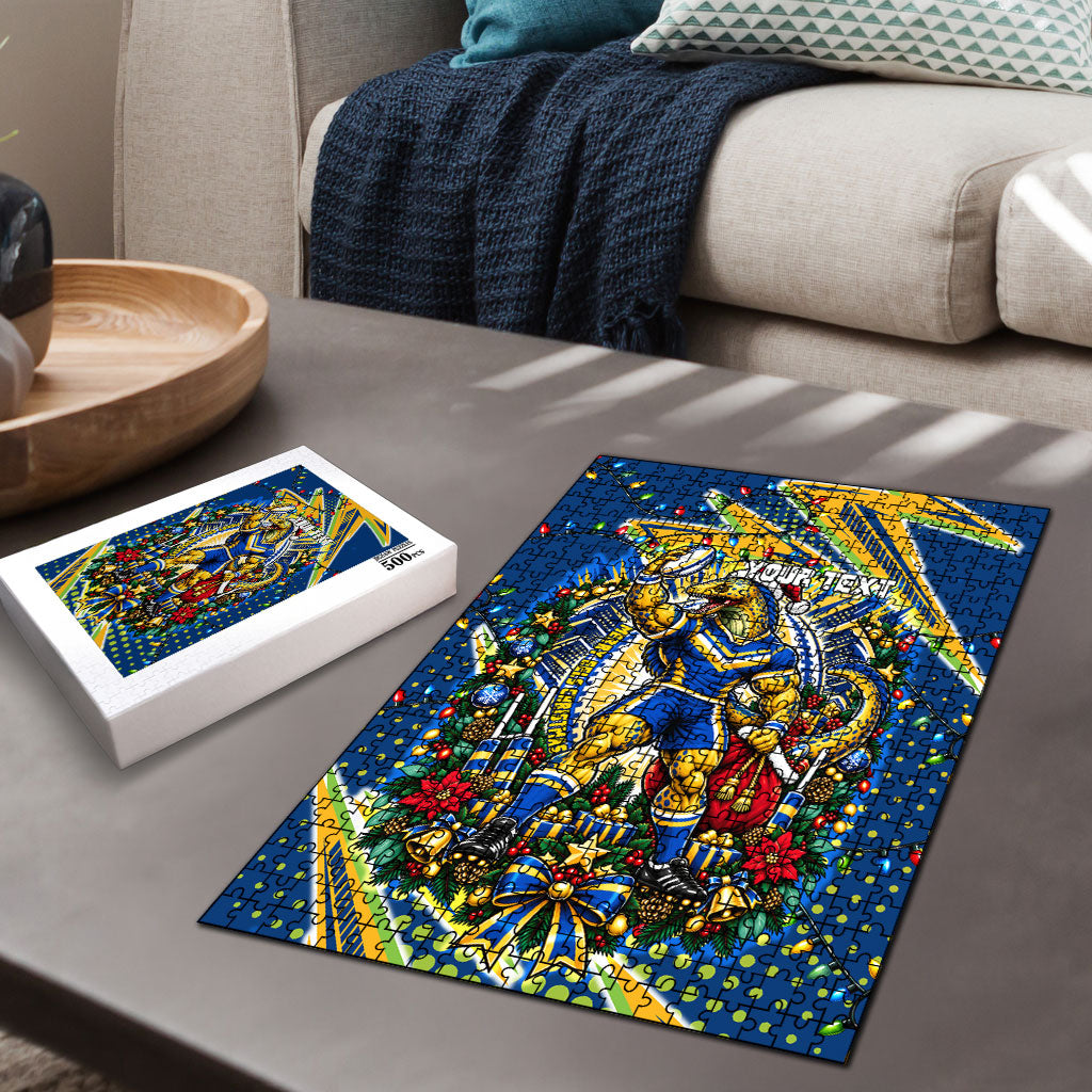 Personalized Parramatta Eels Rugby Christmas Puzzle Holiday Mascot Graphic Art Festive Lights Bow