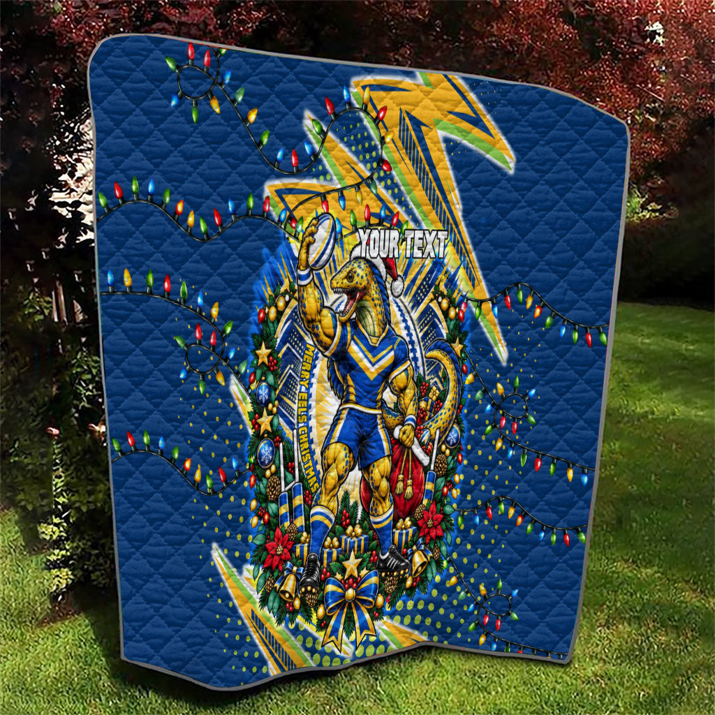 Personalized Parramatta Eels Rugby Christmas Quilt Holiday Mascot Graphic Art Festive Lights Bow