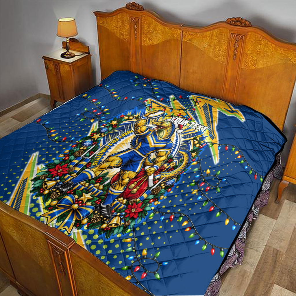 Personalized Parramatta Eels Rugby Christmas Quilt Holiday Mascot Graphic Art Festive Lights Bow