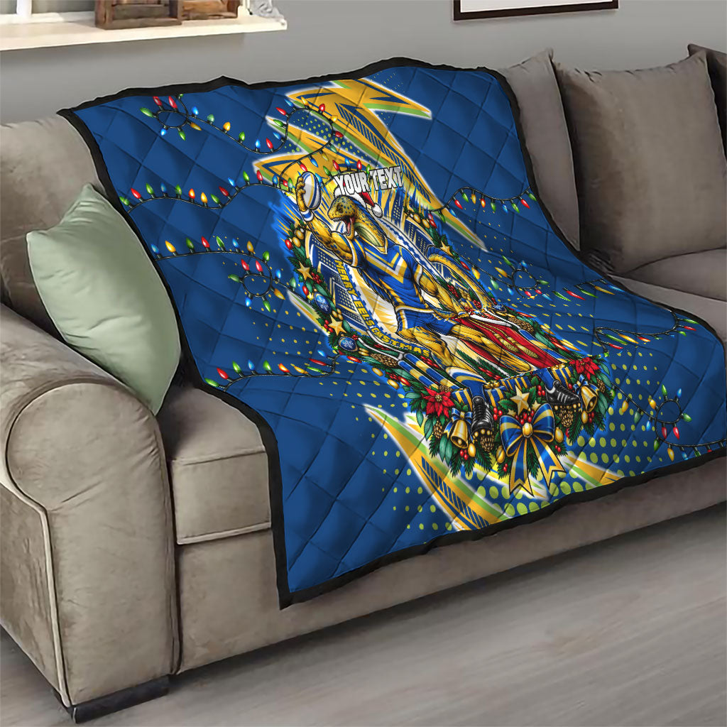 Personalized Parramatta Eels Rugby Christmas Quilt Holiday Mascot Graphic Art Festive Lights Bow