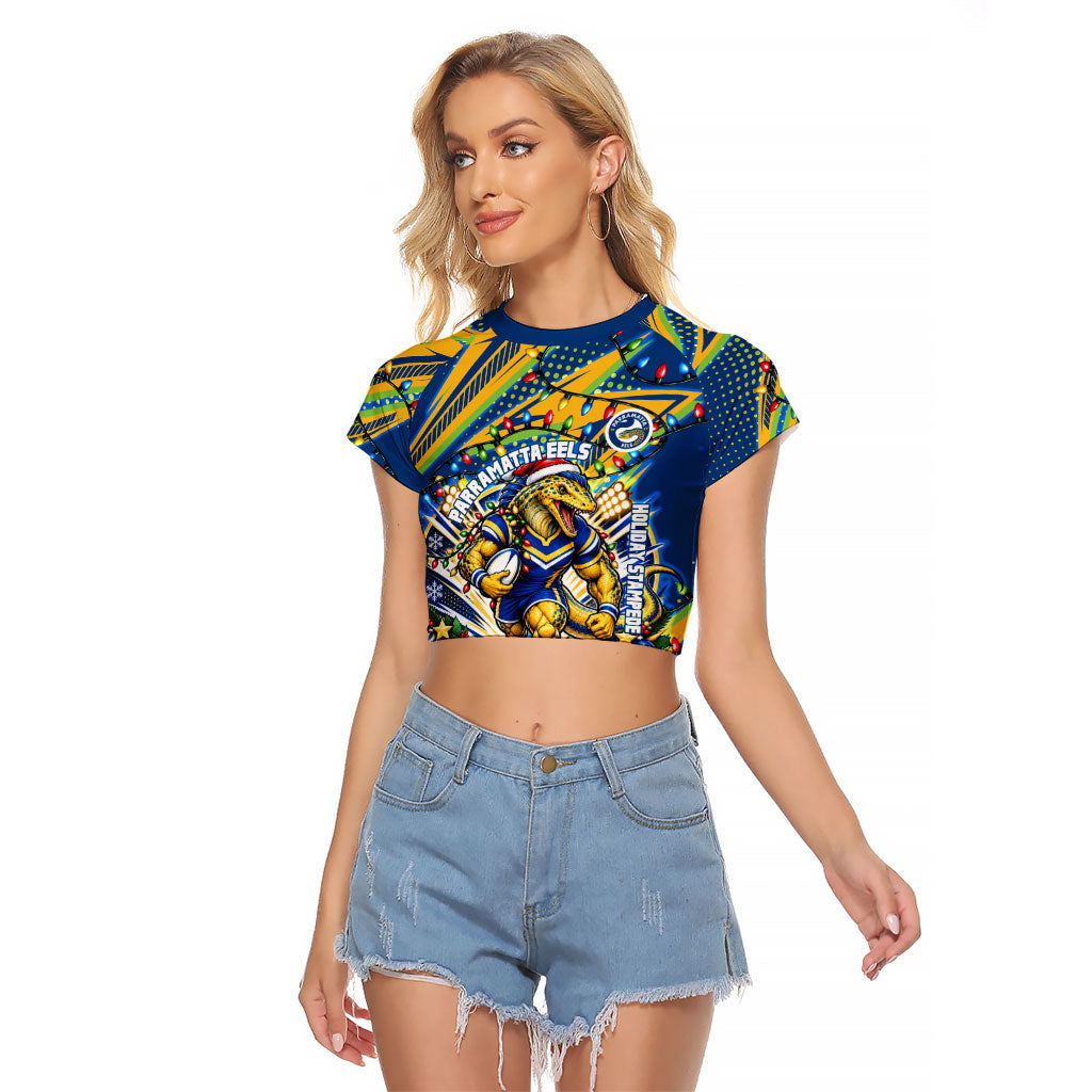 Personalized Parramatta Eels Rugby Christmas Raglan Cropped T Shirt Holiday Mascot Graphic Art Festive Lights Bow