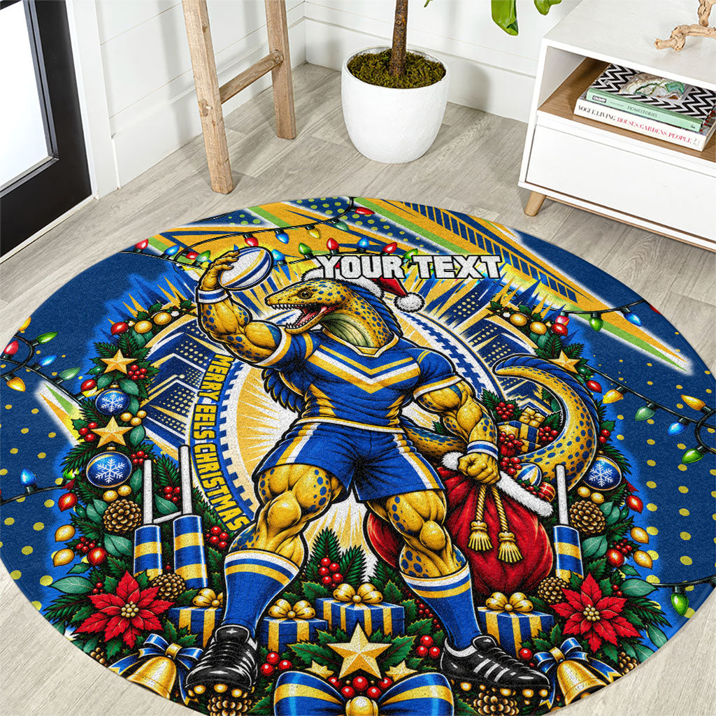 Personalized Parramatta Eels Rugby Christmas Round Carpet Holiday Mascot Graphic Art Festive Lights Bow