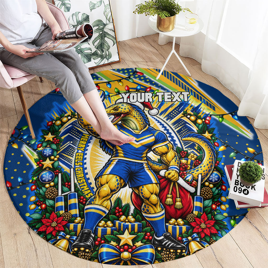 Personalized Parramatta Eels Rugby Christmas Round Carpet Holiday Mascot Graphic Art Festive Lights Bow