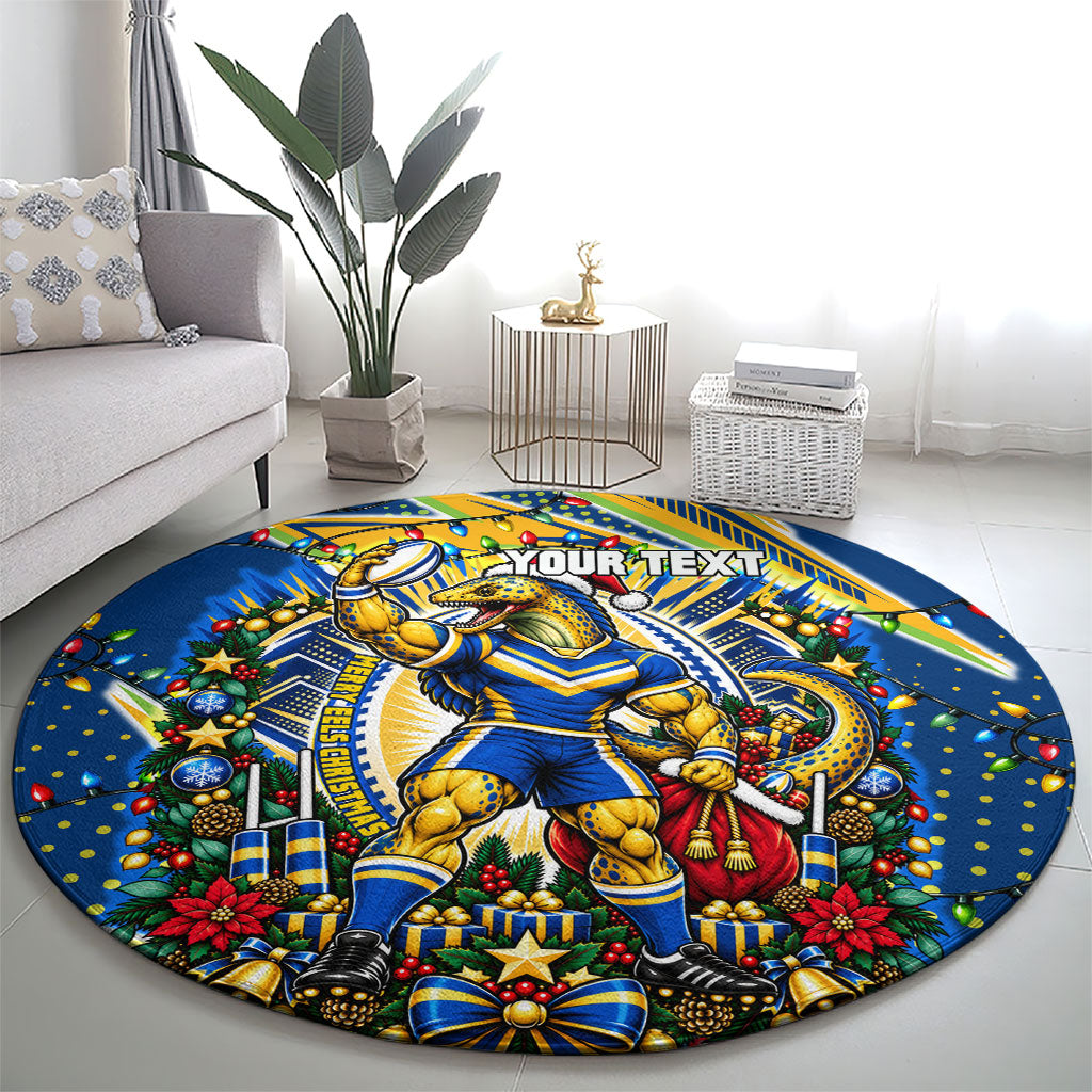 Personalized Parramatta Eels Rugby Christmas Round Carpet Holiday Mascot Graphic Art Festive Lights Bow