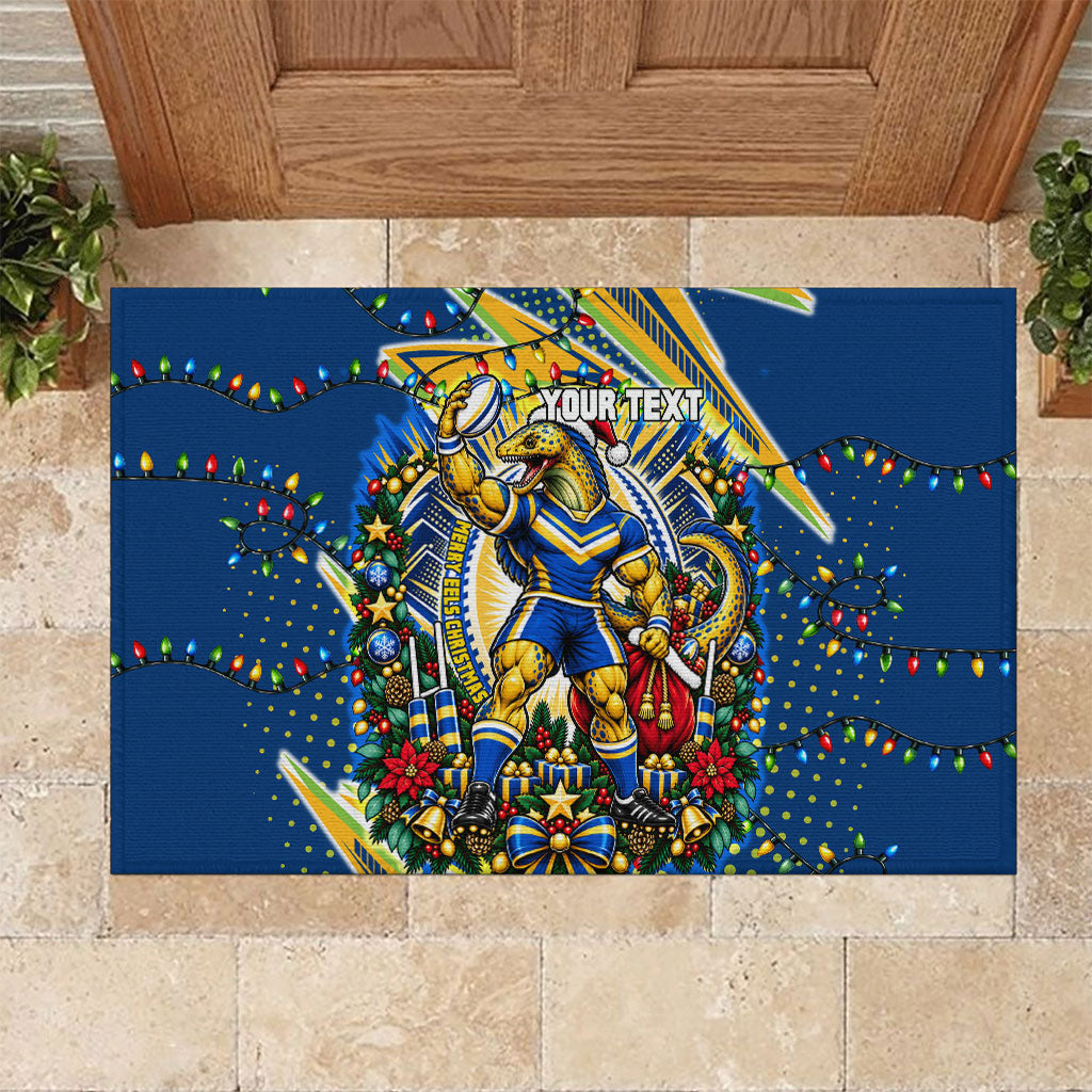 Personalized Parramatta Eels Rugby Christmas Rubber Doormat Holiday Mascot Graphic Art Festive Lights Bow