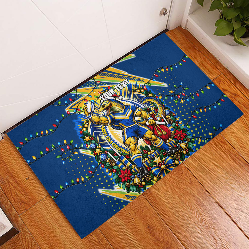 Personalized Parramatta Eels Rugby Christmas Rubber Doormat Holiday Mascot Graphic Art Festive Lights Bow