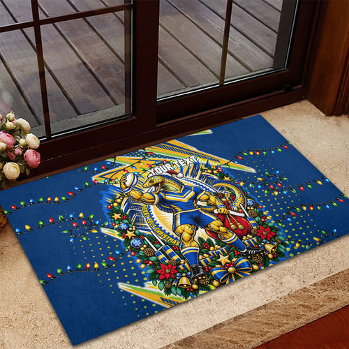 Personalized Parramatta Eels Rugby Christmas Rubber Doormat Holiday Mascot Graphic Art Festive Lights Bow