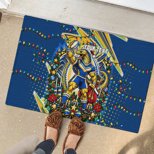 Personalized Parramatta Eels Rugby Christmas Rubber Doormat Holiday Mascot Graphic Art Festive Lights Bow