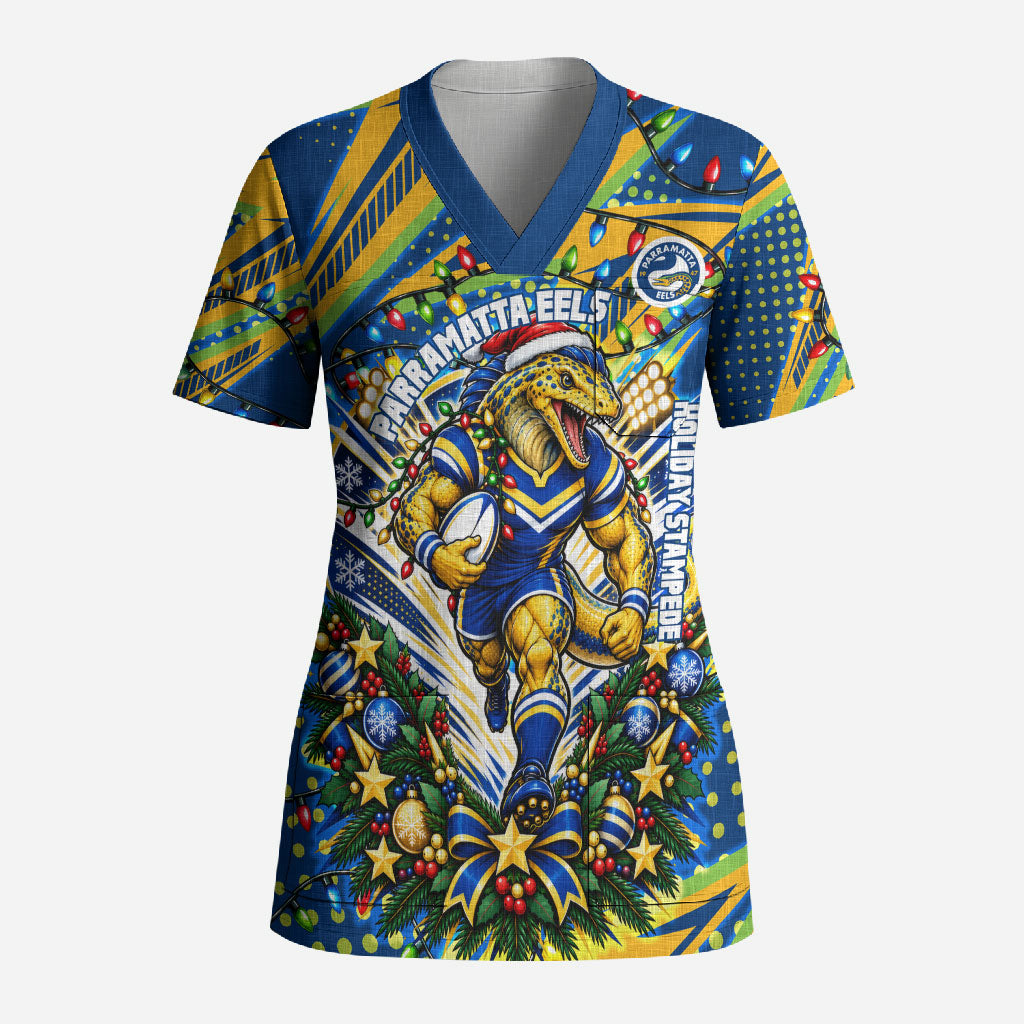 Personalized Parramatta Eels Rugby Christmas Scrub Top Holiday Mascot Graphic Art Festive Lights Bow
