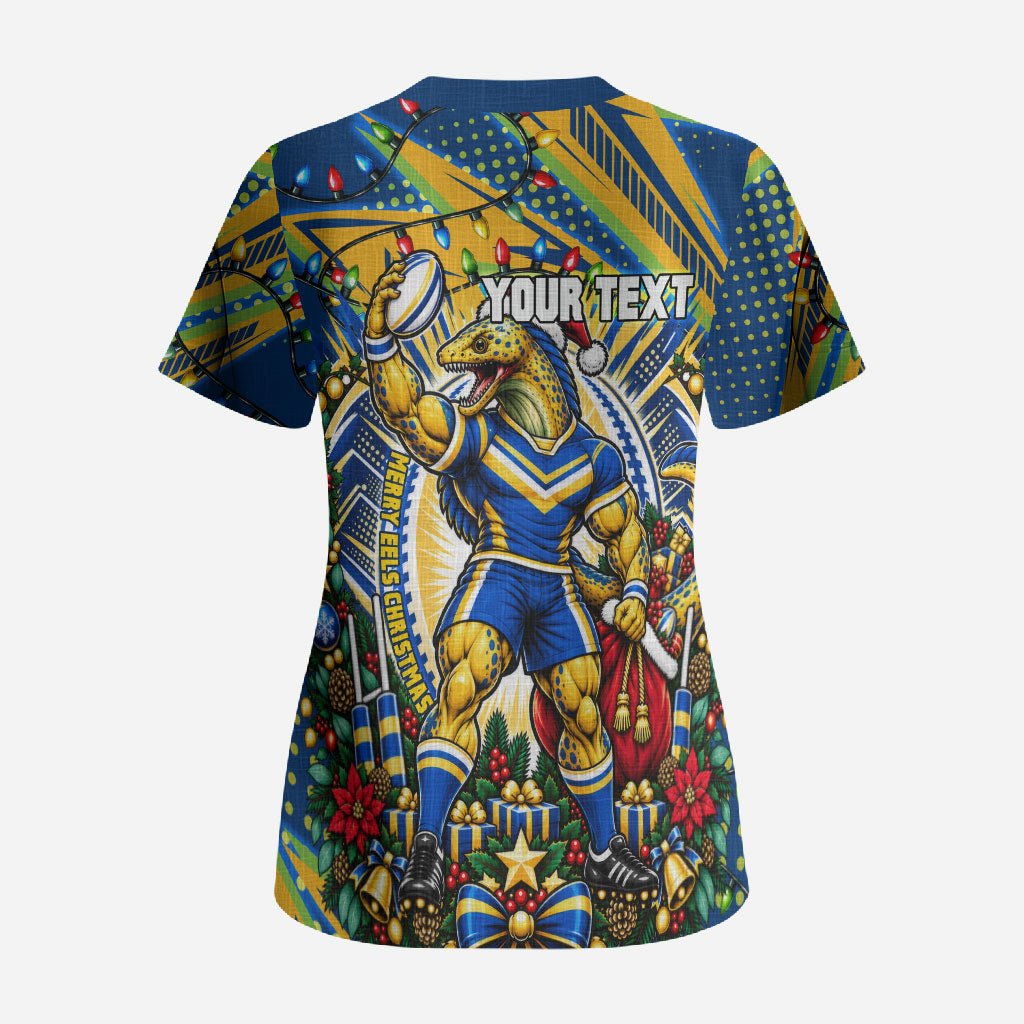 Personalized Parramatta Eels Rugby Christmas Scrub Top Holiday Mascot Graphic Art Festive Lights Bow