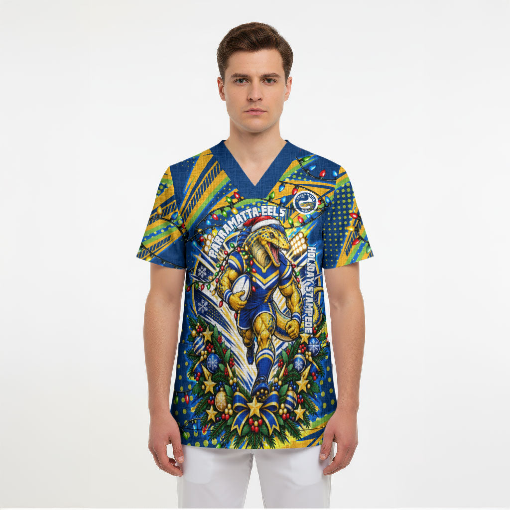 Personalized Parramatta Eels Rugby Christmas Scrub Top Holiday Mascot Graphic Art Festive Lights Bow