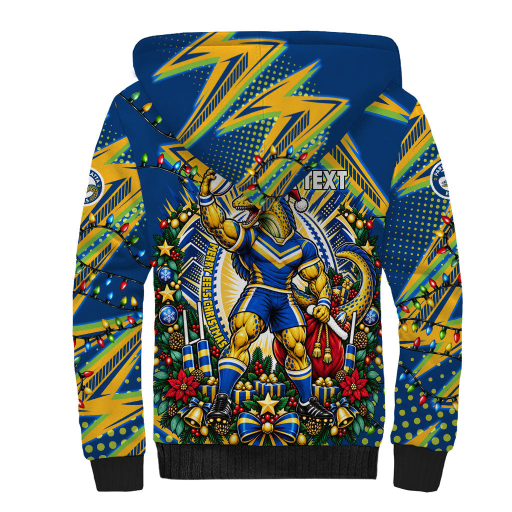 Personalized Parramatta Eels Rugby Christmas Sherpa Hoodie Holiday Mascot Graphic Art Festive Lights Bow