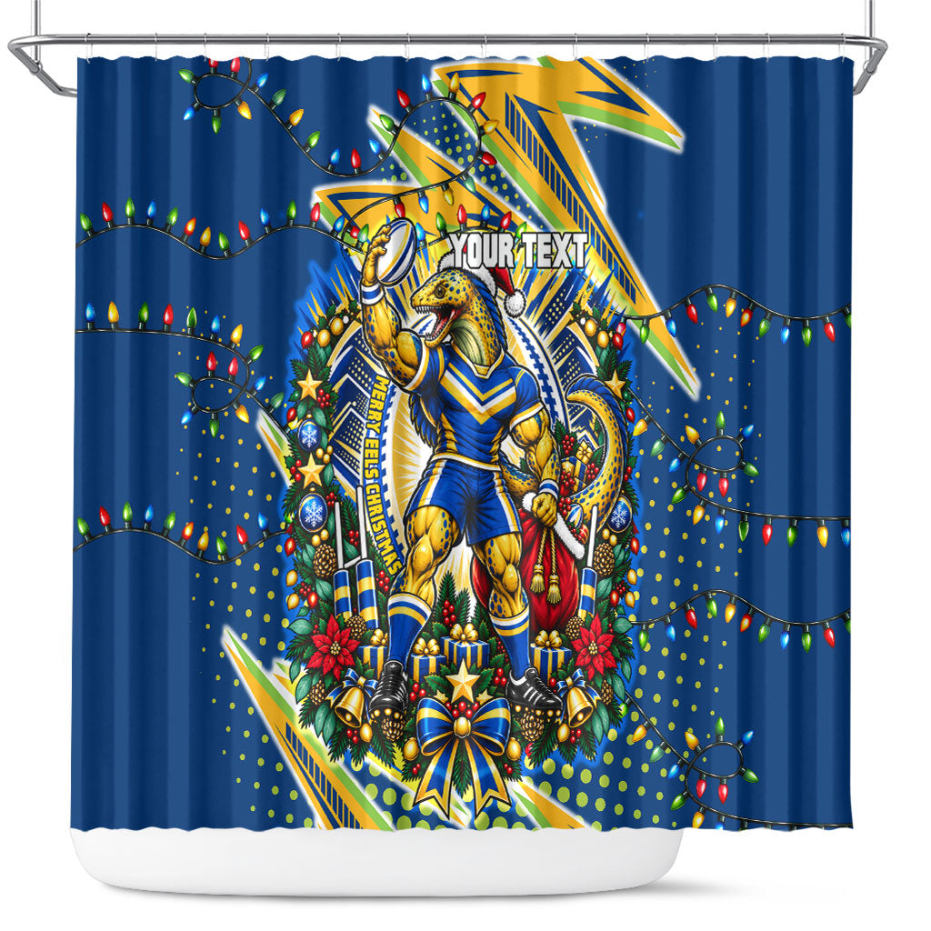 Personalized Parramatta Eels Rugby Christmas Shower Curtain Holiday Mascot Graphic Art Festive Lights Bow