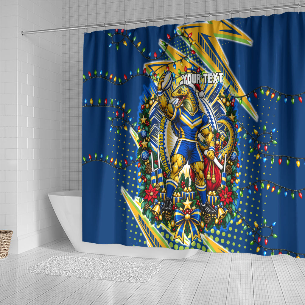 Personalized Parramatta Eels Rugby Christmas Shower Curtain Holiday Mascot Graphic Art Festive Lights Bow