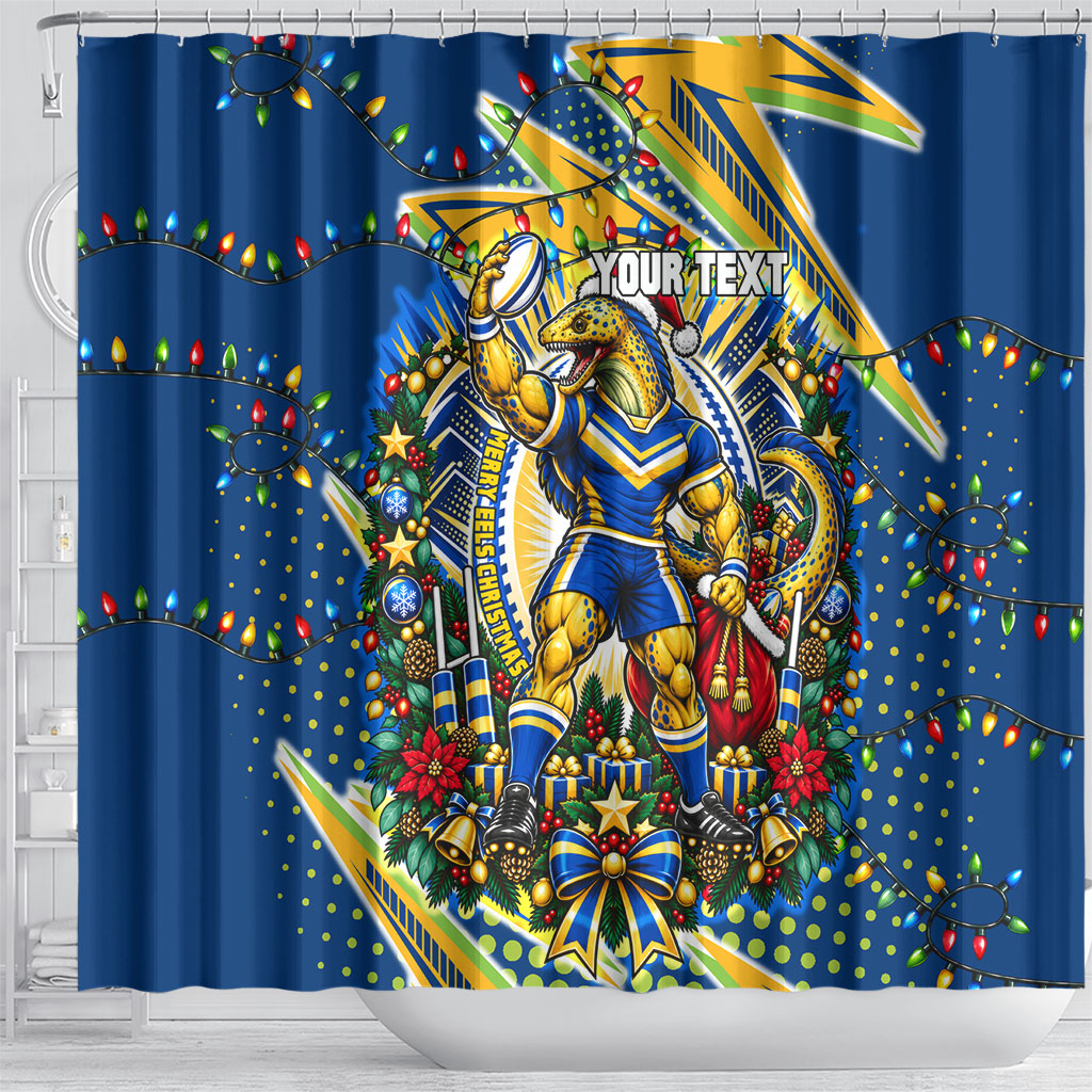Personalized Parramatta Eels Rugby Christmas Shower Curtain Holiday Mascot Graphic Art Festive Lights Bow