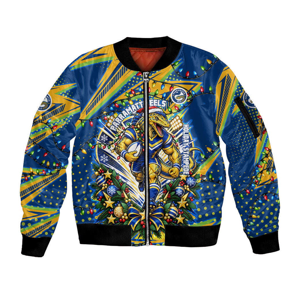 Personalized Parramatta Eels Rugby Christmas Sleeve Zip Bomber Jacket Holiday Mascot Graphic Art Festive Lights Bow