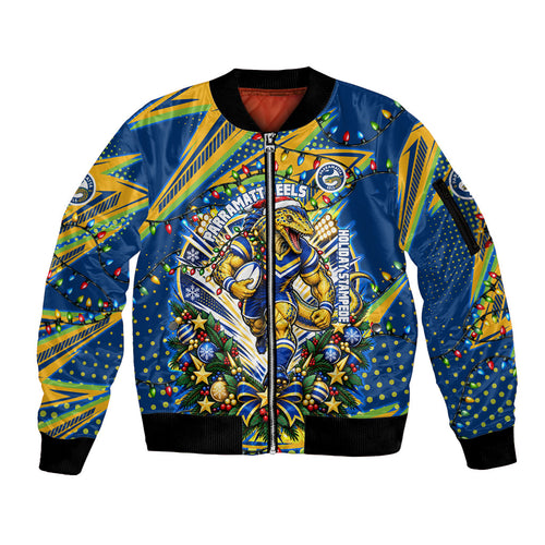 Personalized Parramatta Eels Rugby Christmas Sleeve Zip Bomber Jacket Holiday Mascot Graphic Art Festive Lights Bow