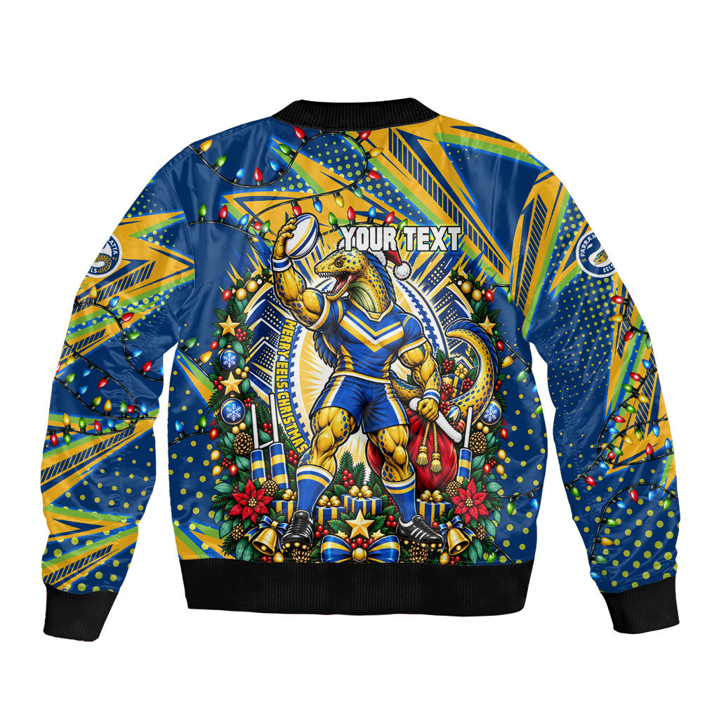 Personalized Parramatta Eels Rugby Christmas Sleeve Zip Bomber Jacket Holiday Mascot Graphic Art Festive Lights Bow