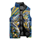 Personalized Parramatta Eels Rugby Christmas Sleeveless Puffer Jacket Holiday Mascot Graphic Art Festive Lights Bow
