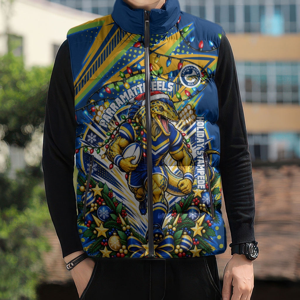 Personalized Parramatta Eels Rugby Christmas Sleeveless Puffer Jacket Holiday Mascot Graphic Art Festive Lights Bow