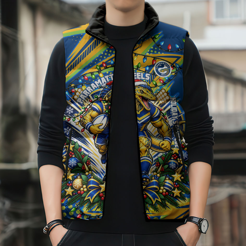 Personalized Parramatta Eels Rugby Christmas Sleeveless Puffer Jacket Holiday Mascot Graphic Art Festive Lights Bow