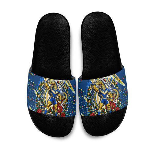 Personalized Parramatta Eels Rugby Christmas Slide Sandals Holiday Mascot Graphic Art Festive Lights Bow