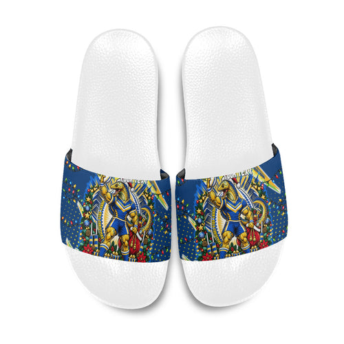 Personalized Parramatta Eels Rugby Christmas Slide Sandals Holiday Mascot Graphic Art Festive Lights Bow